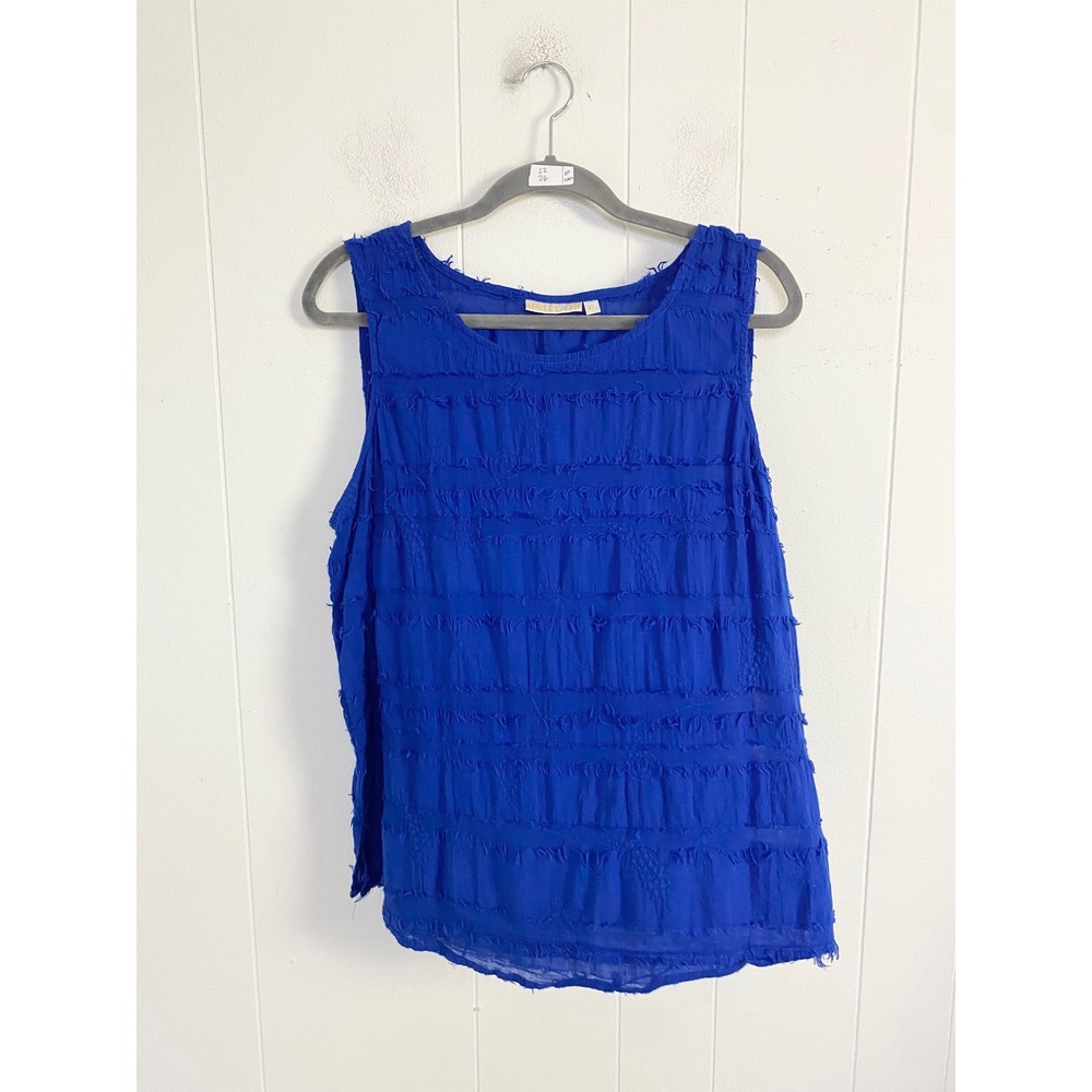 Hailey Lyn Royal Blue Cotton Fringed Floral Embroidered Sleeveless Top XL
